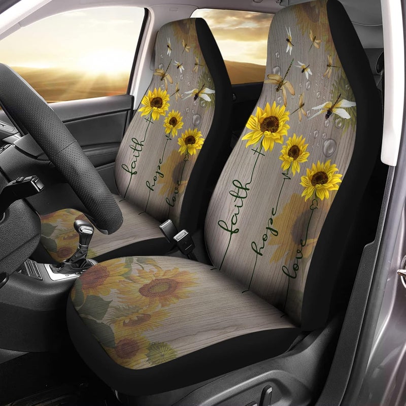 Howilath Sunflowers & Dragonfly Print Seat Covers for Women Men Car Seat Covers, 2pcs Car Accessories High Back Front Seat Covers - Image 1